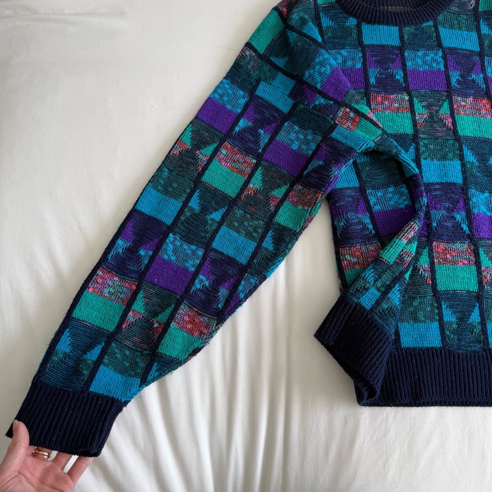Vintage 80s Men’s Multicolored Patchwork Sweater - Picture 4 of 8